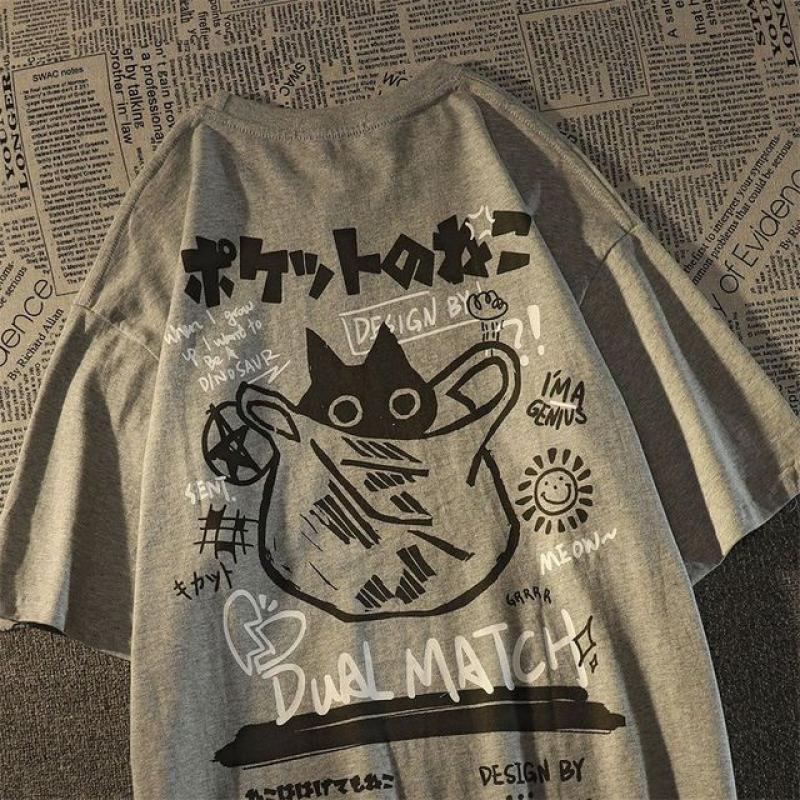 Summer Loose Casual Short Sleeved Couple Costume 'dress Japanese Creative Kitten Printed Short Sleeved T-shirt for Men and Women