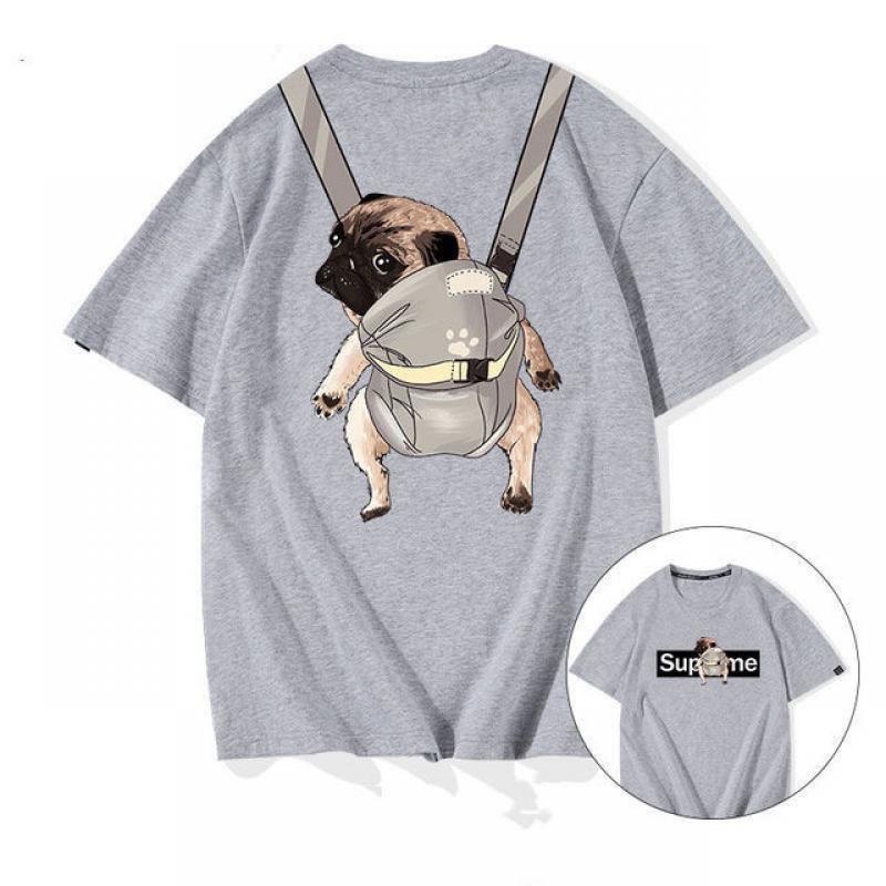 Fun and Creative Pet Backpack Pattern Printed T-shirt for Men's Ins Trendy Couple Clothing Versatile Oversized Short Sleeved Top