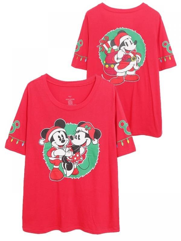 Disney Front Back Fashion Mickey Minnie Mouse Christmas Cartoon Print Red T-Shirt Women O-Neck Pullover Short Sleeve Tee Tops