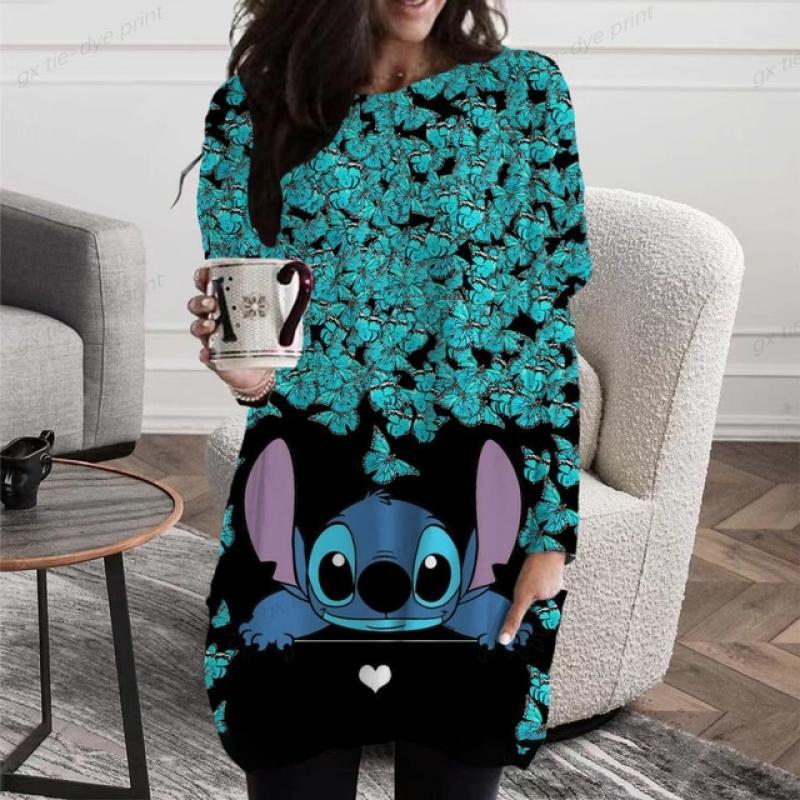 Autumn Winter Fashion O Neck Pocket Disney Stitch Women's T Shirts Tops Casual Long Sleeve Loose Ladies Street Long T Shirt