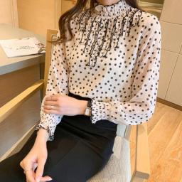 Lady Casual Long Sleeve Stand-collar Polka Dot Printed Chiffon Blusas Tops Women Spring Autumn Style Chiffon Blouse Shirts 13098