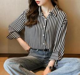 Girl New Chic Sling Striped Shirt Women Strapless Long Sleeve Blouses Female Turn Down Leisure Fashion Loose Ladies Top H9124