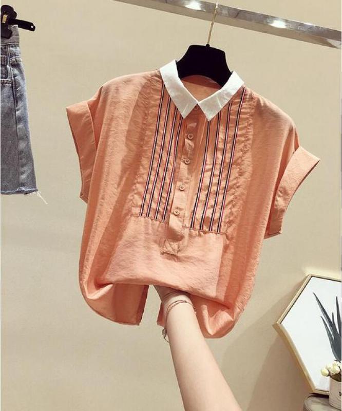 Summer Women Shirt Loose Casual Short Sleeve Peter Pan Collar Patchwork Chiffon Tops Vintage Female Blouse Elegant Office Lady