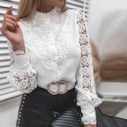 Women Lace Blouse Pullovers Top Fashion Button Design Casual Lace Shirt Blouse