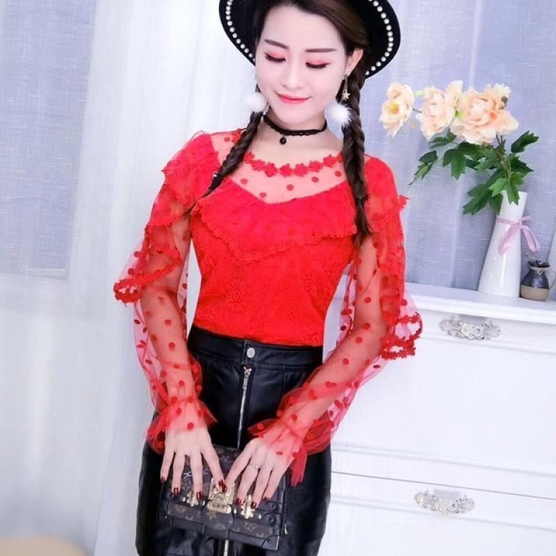 2018 New Spring Summer Women Shirt Sweet Slim Dot Lace Blouse Ladies Long Sleeve Backless Mesh Blouses Short Blusas Tops AB834