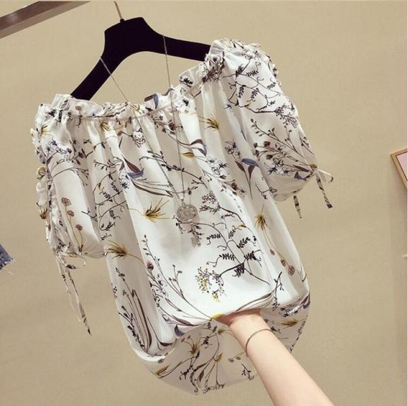 Fashion women blouses 2020 Ruffled print chiffon blouse shirt summer tops short sleeve women shirts Black and white