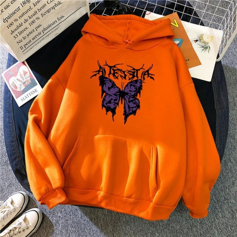 Women's Rock Punk Hoodies Butterfly Print Sweatshirts Stitch Oversize Harajuku Hooded Loose Lovers Wear Autumn Winter Kawaii