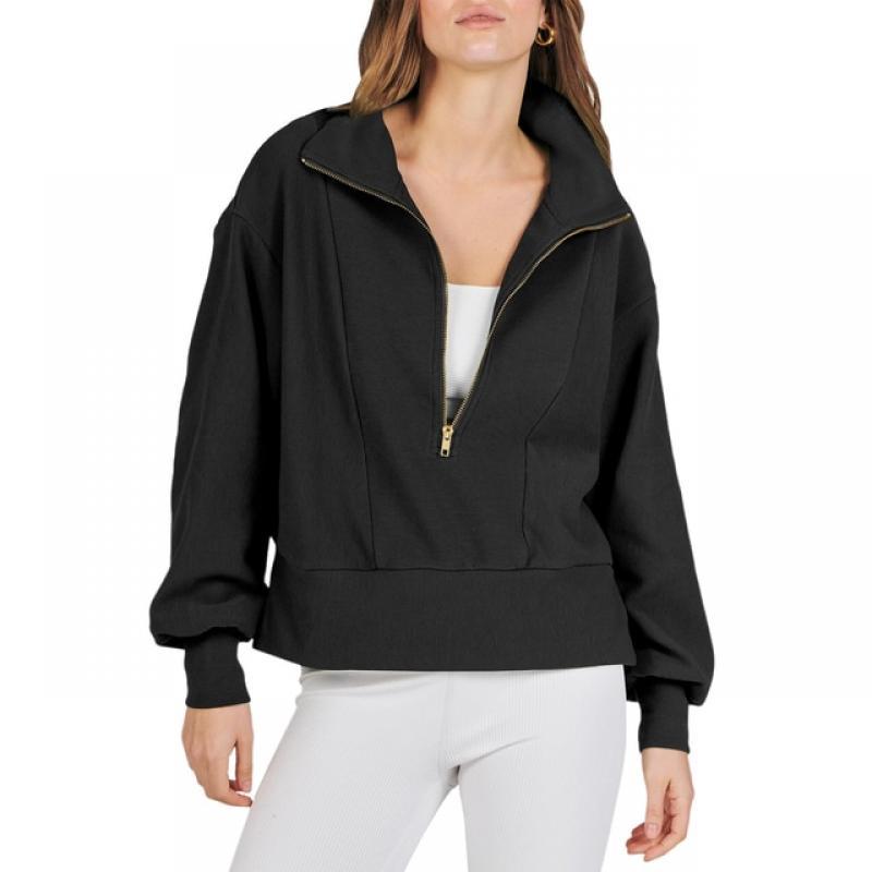 Ladies Turn-down Collar Sweatshirt Loose Pullover Sweatsuit Solid Color Half Zipper Side Slit for Vacation Outdoor Sports