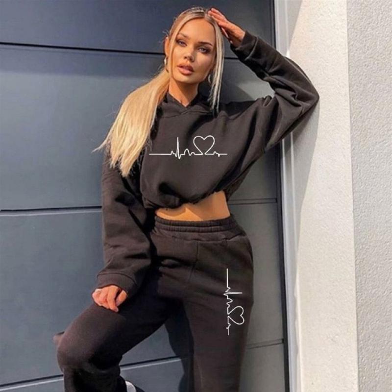 Loose Style Sweater Crop Top Women Two Piece Set 2023 Autumn Winter Fashion Long Sleeve Hooded Sports Casual Tracksuit for Lady