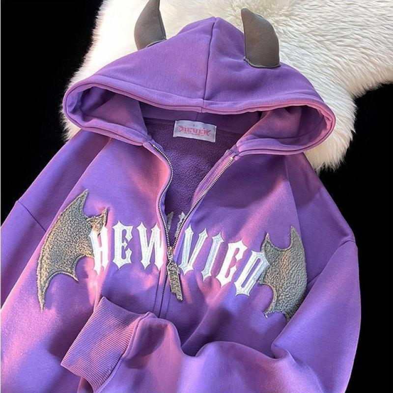 Hip Hop Dark Bat Wing Devil Horn Gothic Zip Up Hoodie Jacket Men Women Oversized Sweatshirt Kawaii Clothes Harajuku Winter Y2K