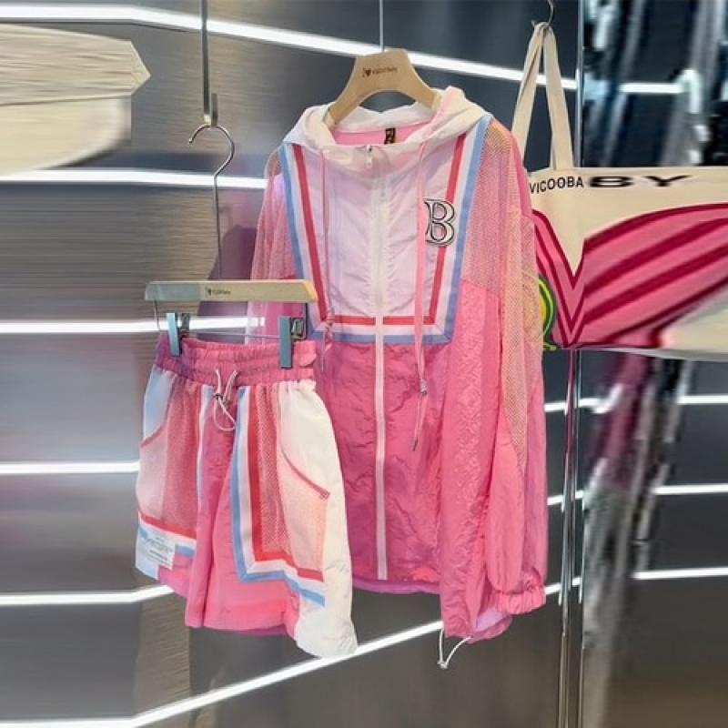 Europe Fashion 2023 New Summer Women Two-piece Set Sunscreen Suit Pink Long Sleeve Thin Jacket Coat+Elastic Waist Casual Shorts