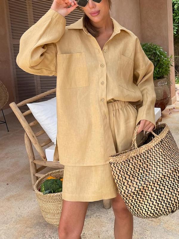 Linen Solid Pajamas Two Piece Set for Women Lapel Long Sleeve Shirt And Elastic Waist Shorts Sets 2023 Summer Chic Holiday Suits