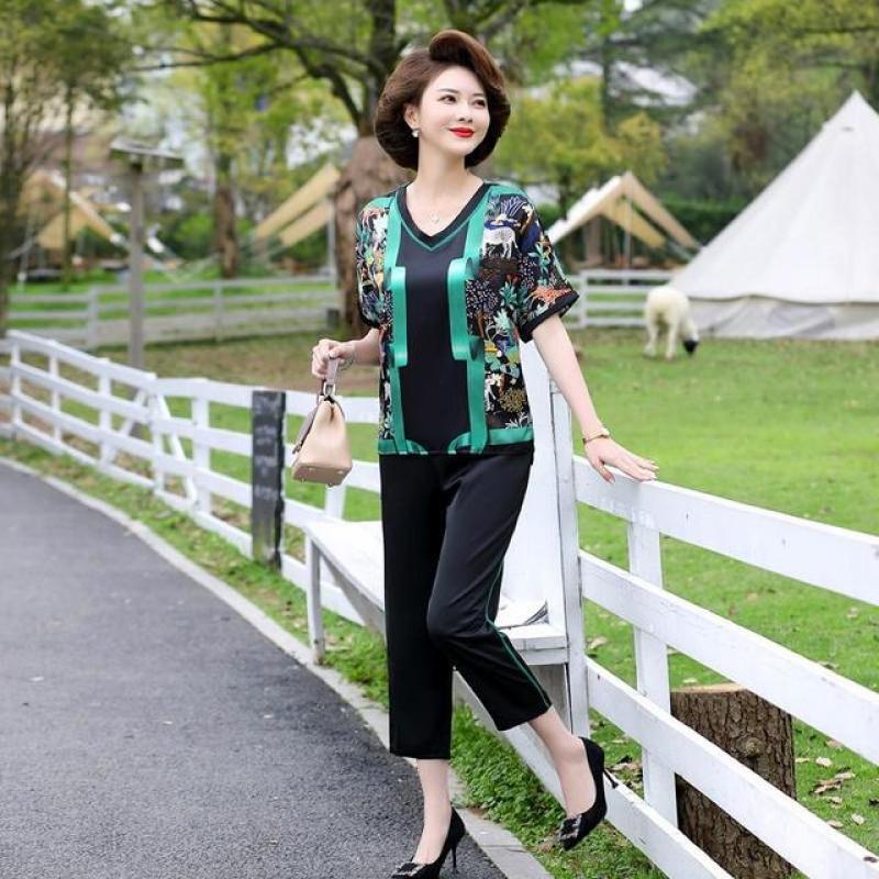 Middle-aged Women Sets Summer floral silk Short Sleeve T-shirt & Pants Suits Mom Elegant Print Ice Silk 2 Piece Sets