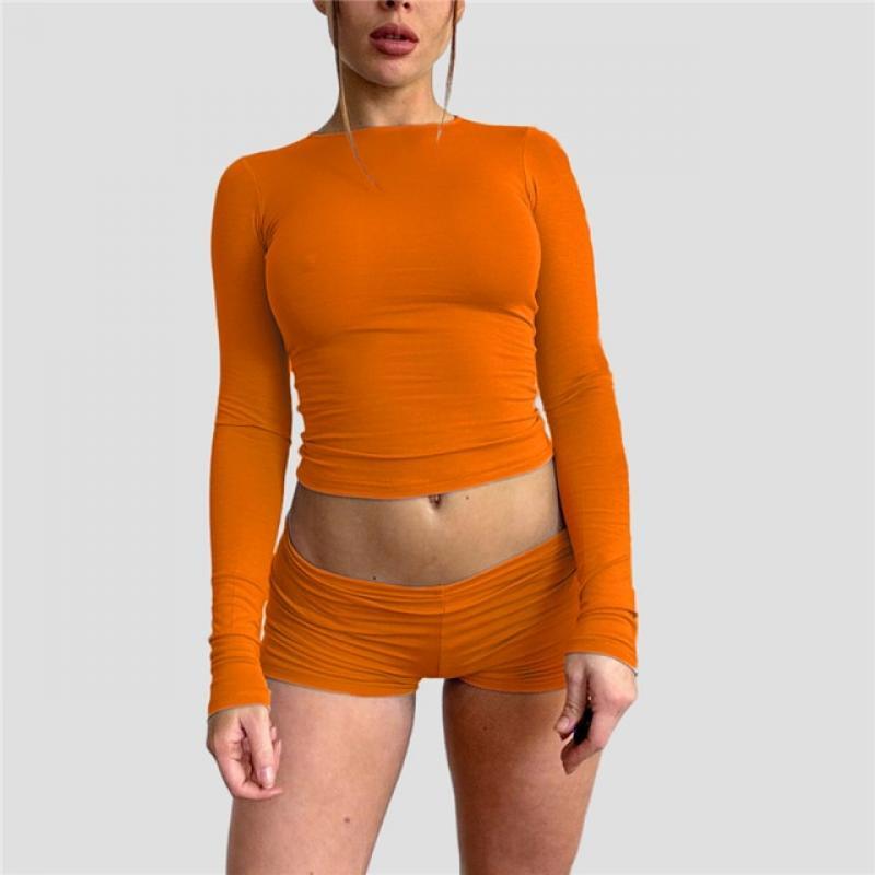 Xingqing Top and Shorts Set y2k Aesthetic Women Casual Solid Color Long Sleeve Crop Top and Hot Pants Fitness Clothes Streetwear