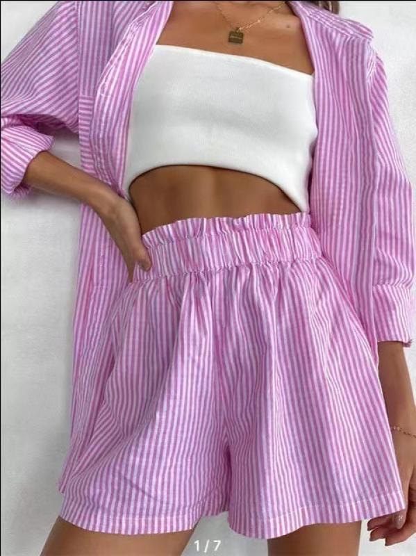 Women Casual Two-piece Set 2023 New Loose Cotton Sportswear Spring Fashion Lapel Long-sleeved Woman Striped Shirt Elastic Shorts