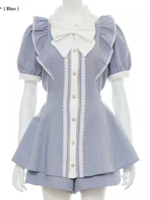 summer new Japanese Style Lolita Two Piece Sets Ruffle Collar Bow Lace Short Sleeve Blouse Cute Sweet Women Shorts Suit