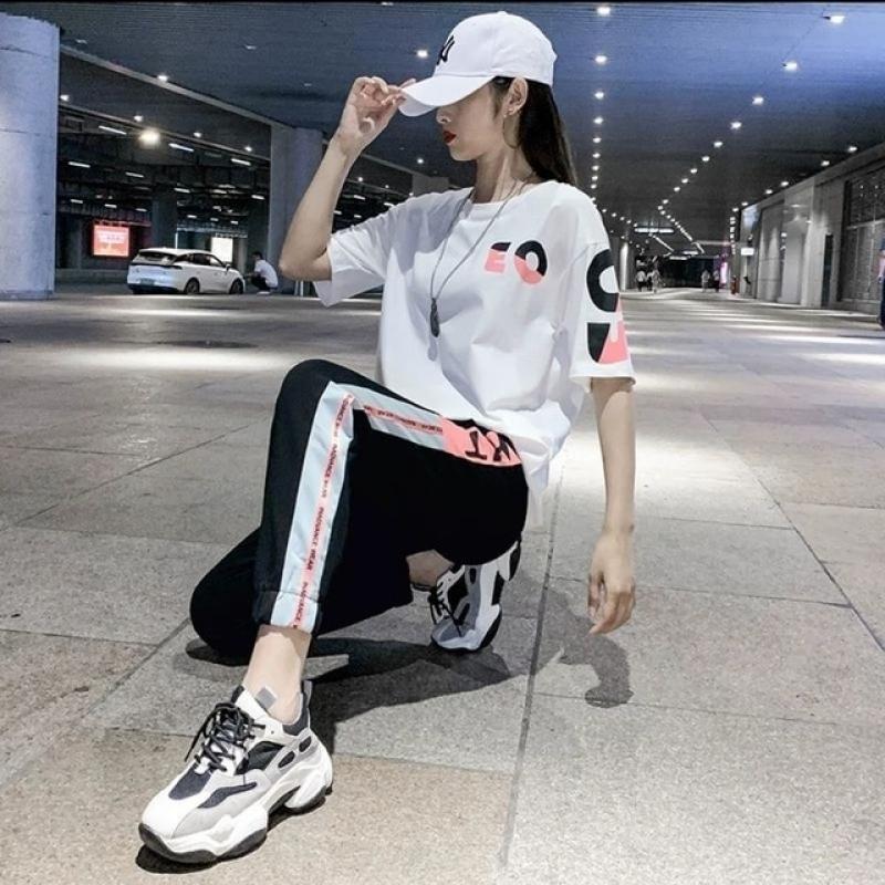 Women's Sportswear Suit 2022 Summer Korean Version Short-sleeved andTrousers Printing Suit Fashion Two-piece Sportswear