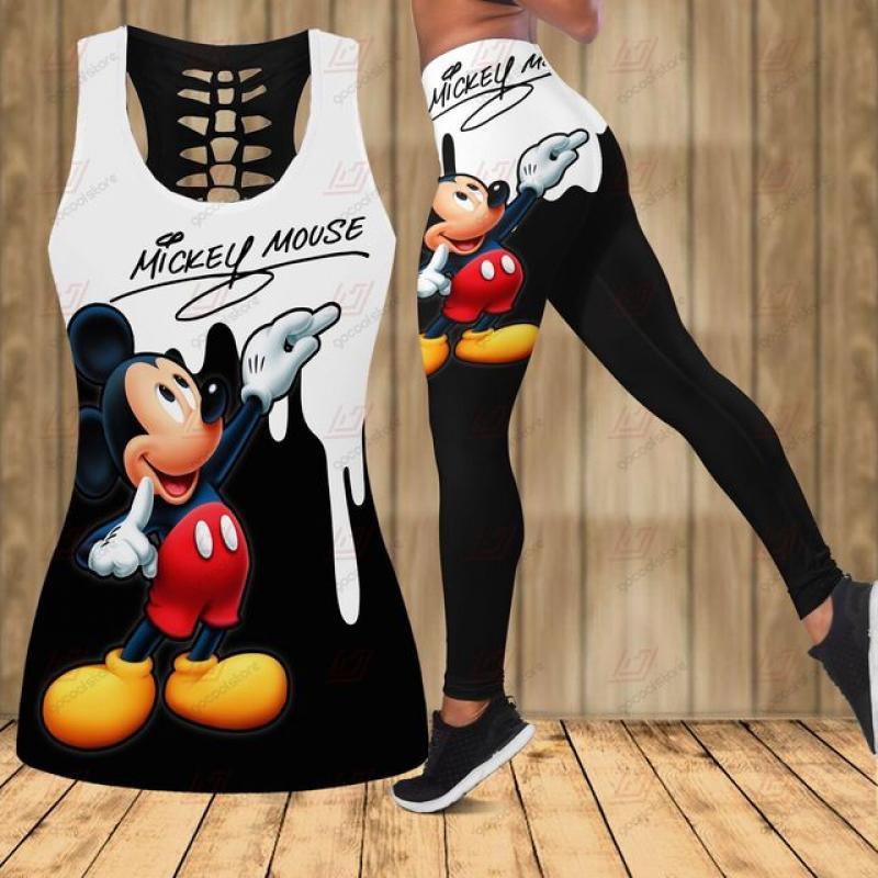 Mickey Mouse Women's Hollow Vest + Women's Leggings Yoga Suit Fitness Leggings Sports Suit Disney Tank Top Legging Set Outfit