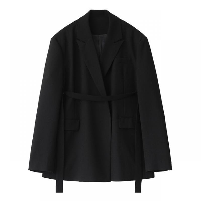CHIC VEN Women Blazer Design Wide Shoulder Ribbon Solid Women's Medium Long Coat Office Lady Female Overcoat Spring Autumn 2022