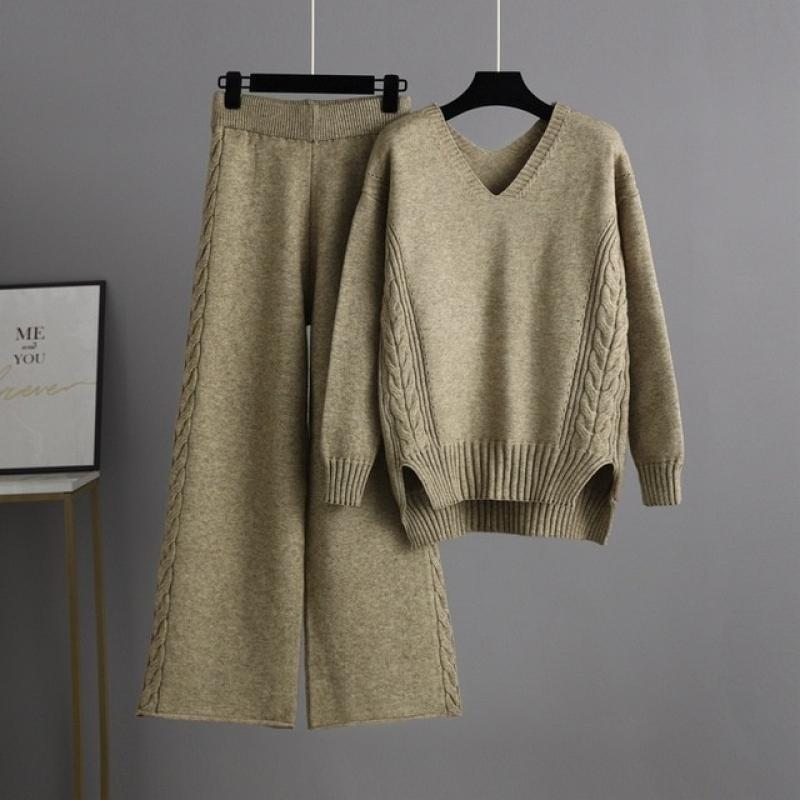 Cotvotee Sweater Two Piece Sets Womens Outfits Autumn Winter 2023 New Casual Warm V Neck Knitted Pullover & Wide Leg Pants Sets