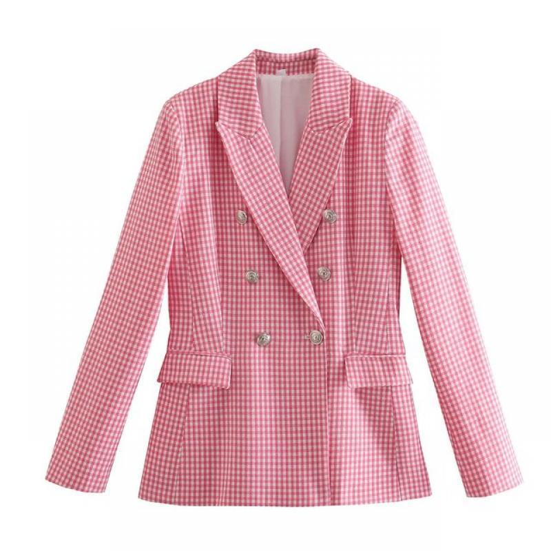 SLTNX TRAF Fashion Plaid Blazers for Womens 2023 Chic Double-breasted with Pocket Women's Blazers Suit Ladies Casual Blazer