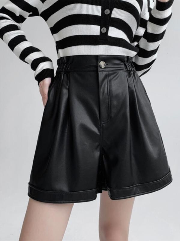 Syiwidii Leather Shorts for Women Spring Summer 2023 New High Waisted Straight Wide Leg Casual Korean Fashion Harajuku Shorts