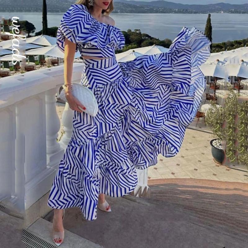 Wefads Women Two Piece Set Free Shipping Casual Chic Short Sleeve Off Shoulder Nipped Waist Top Striped Printed Loose Skirt Sets