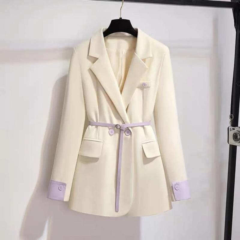 Women Elegant Solid Long Sleeve Blazer Autumn Office Lady Casual Jacket With Belt Turn Down Collar Purple Blazer