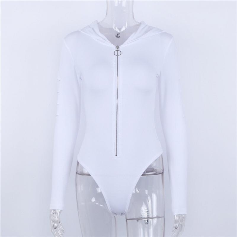 Sexy Hooded Zipper Bodysuit Women Long Sleeve Hollow Out Bodycon Bodysuits Bodycon Jumpsuit Feminino Romper Green White