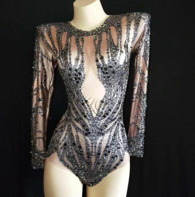 Sexy Sparkly Black Crystals Nude Bodysuit Performance Outfit Party Celebrate Glisten Rhinestones Stretch Leotard Stage Bodysuit