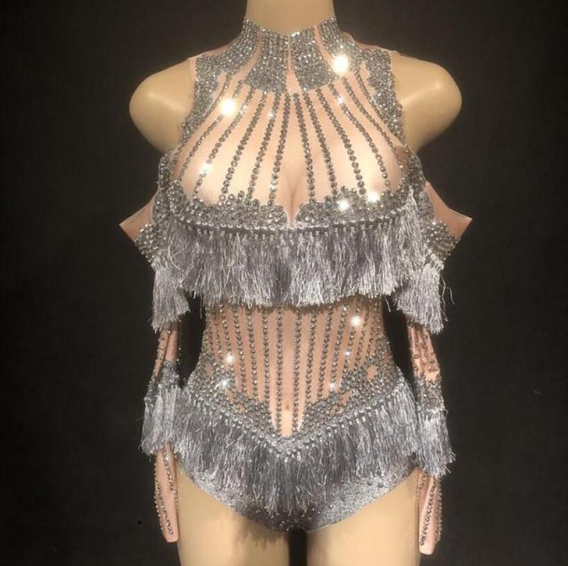 Sexy Nightclub Stage Luxury Sparkly Crystals Tassel Bodysuit Costume Celebrate Rhinestones Birthday Silver Diamonds Leotard