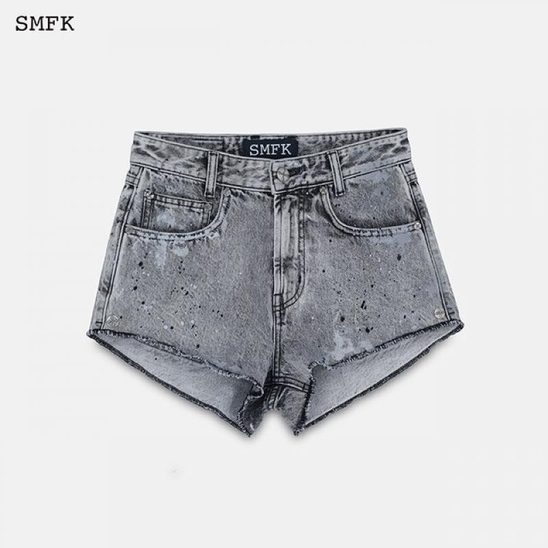 SMFK Compass Straight Leg Shorts Gray Hand-painted Denim Shorts Women's Embroidery Washed Ink-splashed Straight-leg Pants Summer