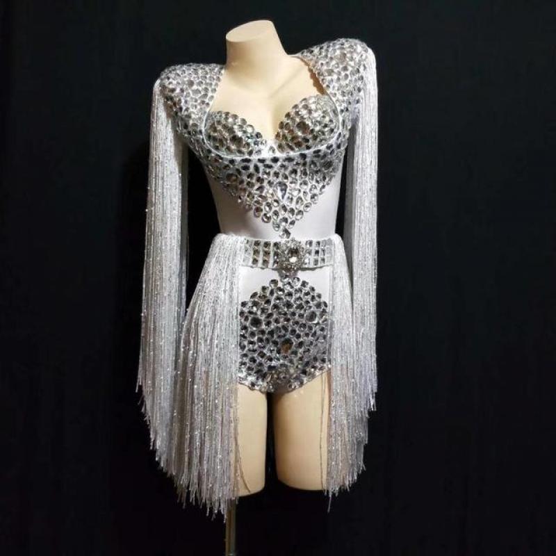 Bling Crystal Rhinestone Stage Performance Bodysuits Nightclub Tassel Jazz Dance Costumes Women Halloween Party Uniform Jumpsuit