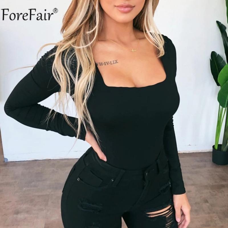 Forefair Women Long Sleeve White Bodysuit Black Sexy Square Neck Basic Body Top Ladies Autumn Summer Casual Bodysuits Solid