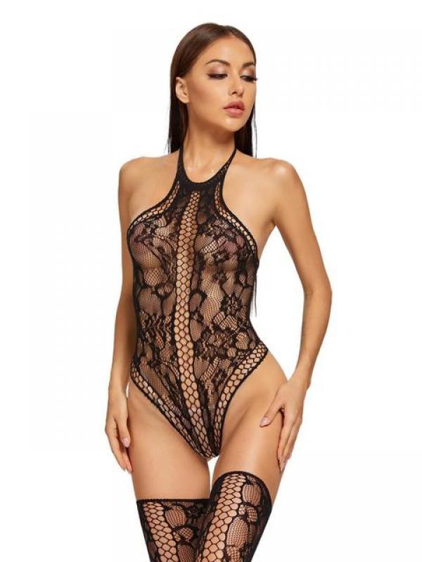 AVV Black Mesh Sheer Sexy Hollow Out Bodycon Bodysuit Halter Backless Rompers Womens Jumpsuit Night Wear With Stock