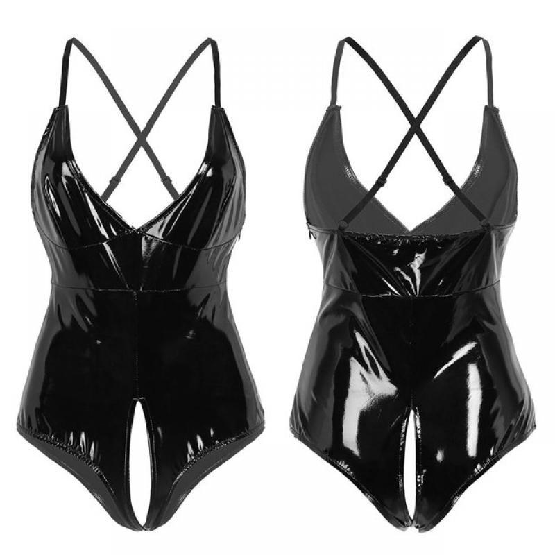 Women Wet Look Latex Leotard Bodysuit Patent Leather Plunging V-neck Adjustable Straps Cross Back Crotchless Body Suits Jumpsuit