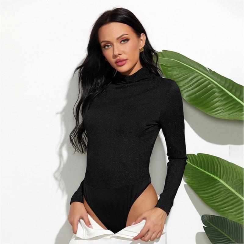 Bright Silk Black Bodysuits Women Casual Half Turtleneck Long Sleeve Rompers 2020 Autumn Winter New Bodycon Bottoming Playsuits