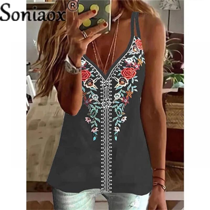 Sexy Suspenders V Neck Patchwork Blouse Tank Tops Summer Women Sleeveless Loose Casual Ethnic Style Print Vest T-Shirt Largesize