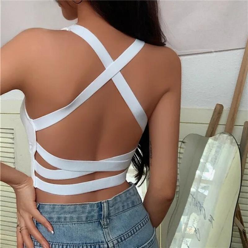 Women Seamless Sexy Cross-back Hollow Out Knitted Camisole Summer Sports Cropped Padded Tanks Push Up Bra Tops Lingerie Bralette