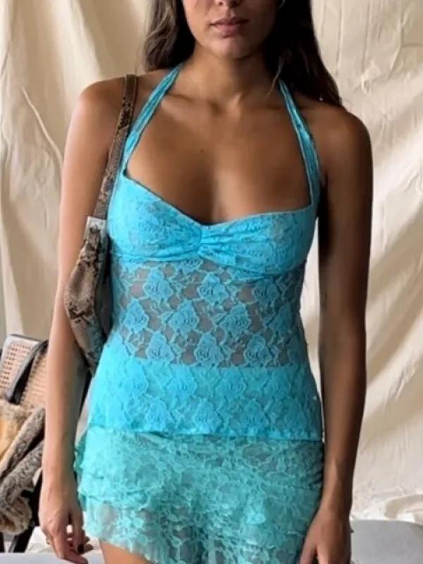 JULISSA MO Ladies Sexy Halter Bandage Lace See Through Crop Top For Women Summer Backless Slim Party Tops Vest