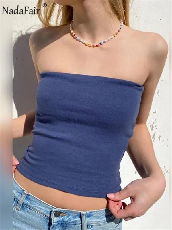 Nadafair Strpless Sexy Tube Tops Women 2022 Skinny Summer Off Shoulder Blue Y2k 90s Sexi Crop Top Streetwear
