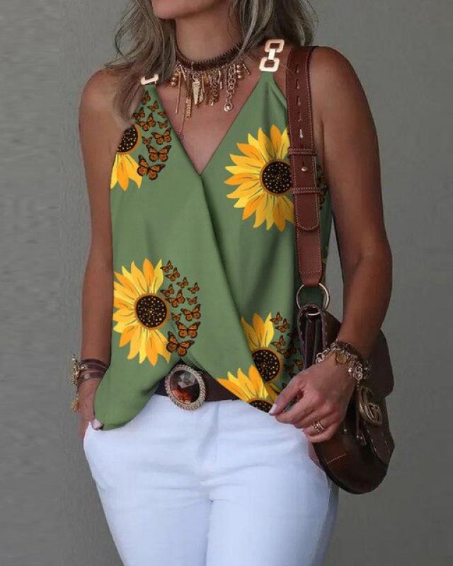 Women's Summer V-neck Metal Buckle Sun Flower Printed Chain Strap Tank Top 2023 Sexy Women Casual Sleeveless Loose Camis Tops