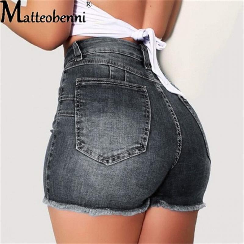Large Size Sexy Ripped Denim Shorts Girl 2022 New High Waist Skinny Hips Stretch Leg Length Tight Tight Stretch Hips Jeans Women