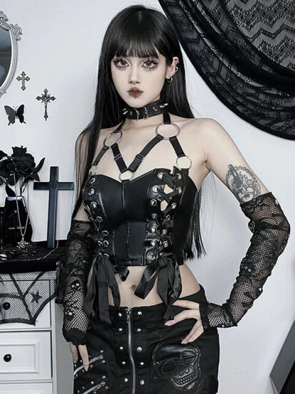 InsGoth Dark Punk Halter Crop Top Women's Y2K Steampunk Grunge Backless Tops Choker Buckle Eyelet Lace Up Tank for Rave Party