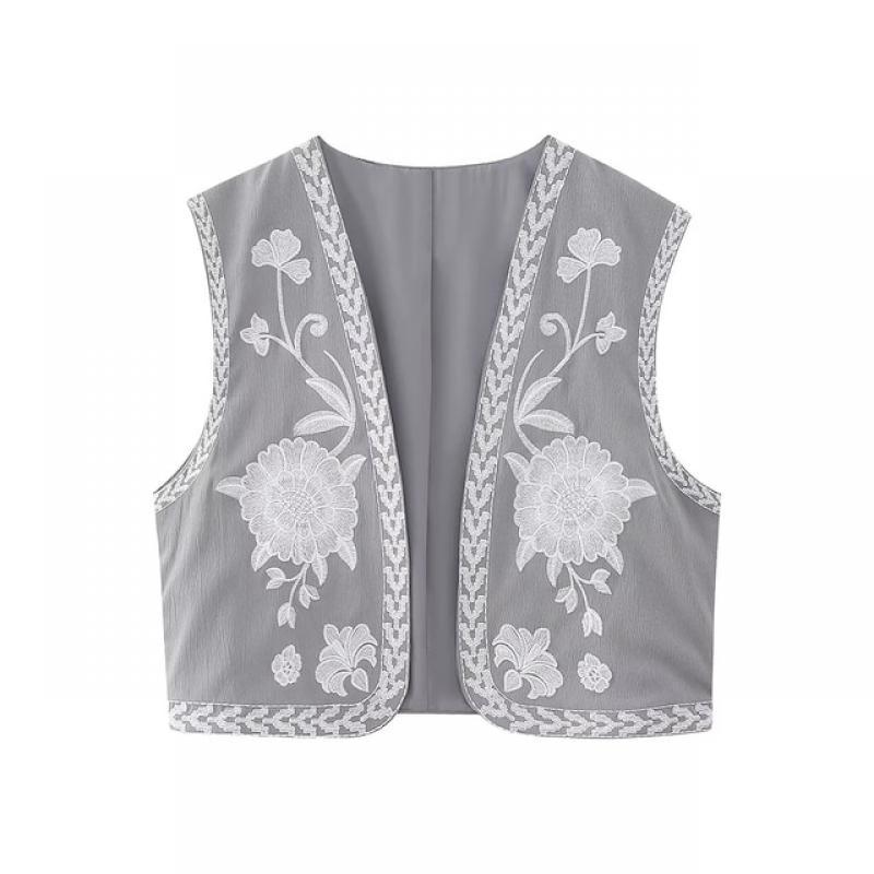 Vintage Embroidery O-Neck Short Vest for Women Casual Fashion Sleeveless Cardigan Top 2023 Summer Chic Lady Commuter Streetwear