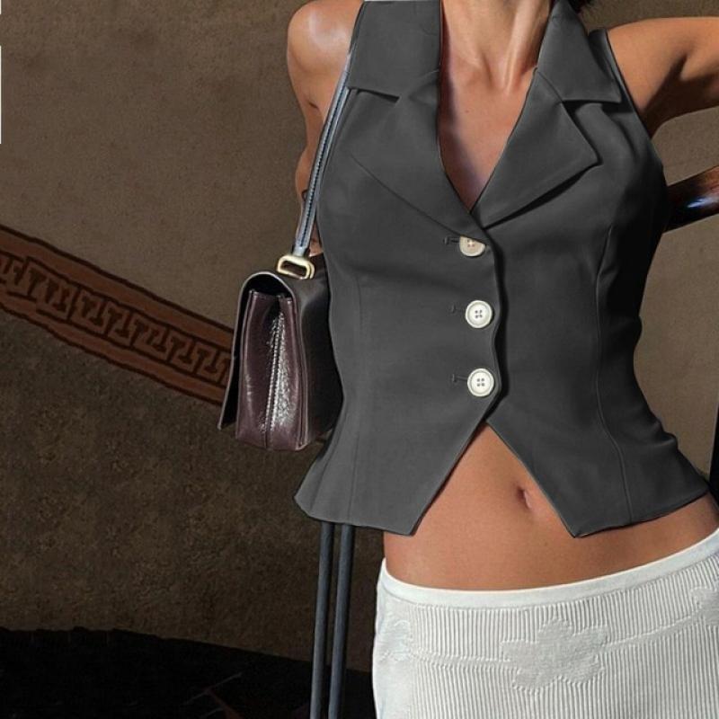 2023Women's Suit Vest Fashion Solid Color Single Breasted Lapel Slim Sleeveless Sexy V Neck Business Elegant Cropped Top Jacket