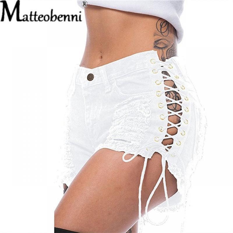 Sexy Ripped Tassel Jeans Streetwear High Waist Straight Denim Shorts 2022 Summer New Women Lace-Up Hole Hollow Out Jean Shorts