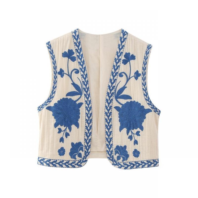 Women Vintage Floral Embroidered Vest 2023 New V Neck Sleeveless Waistcoat Vests for Woman Summer Holiday Female Crop Top