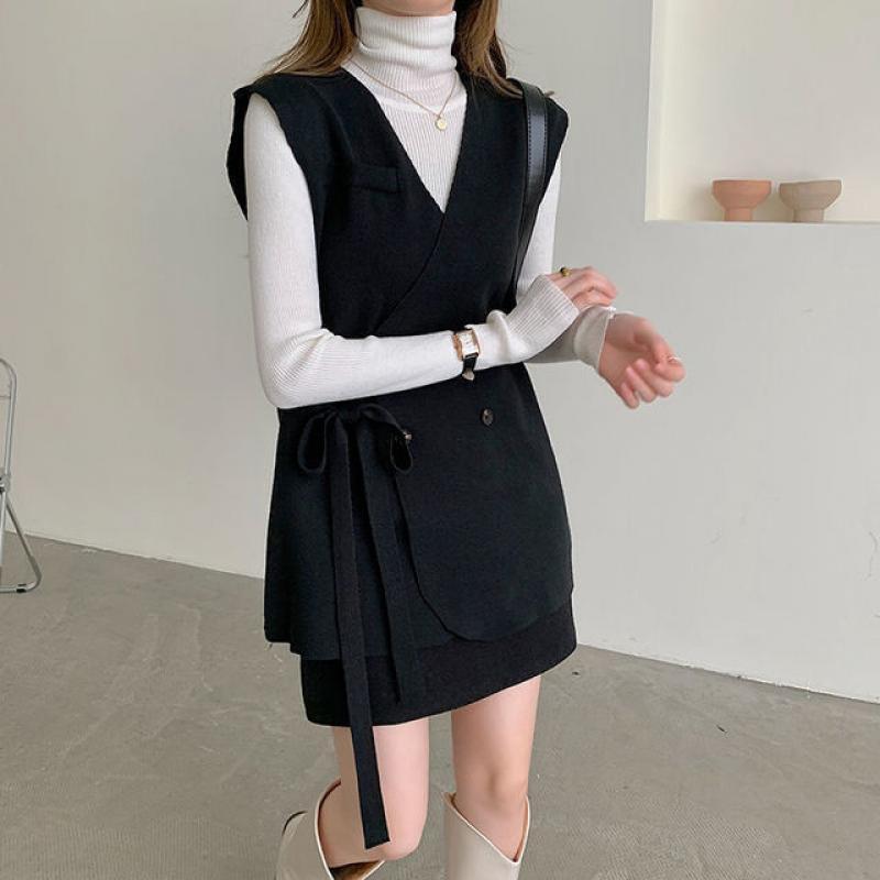 Vests Women Autumn New Female Korean Outwear All-match Sleeveless Double Breasted Design Solid Lady Elegant V-neck Vintage Ins