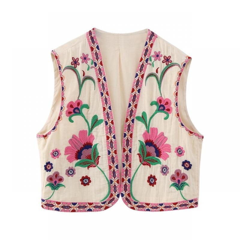 Women Vintage Floral Embroidered Open WaistCoat Ladies National Style Vest Jacket Outfits Casual Vacation Crop Top